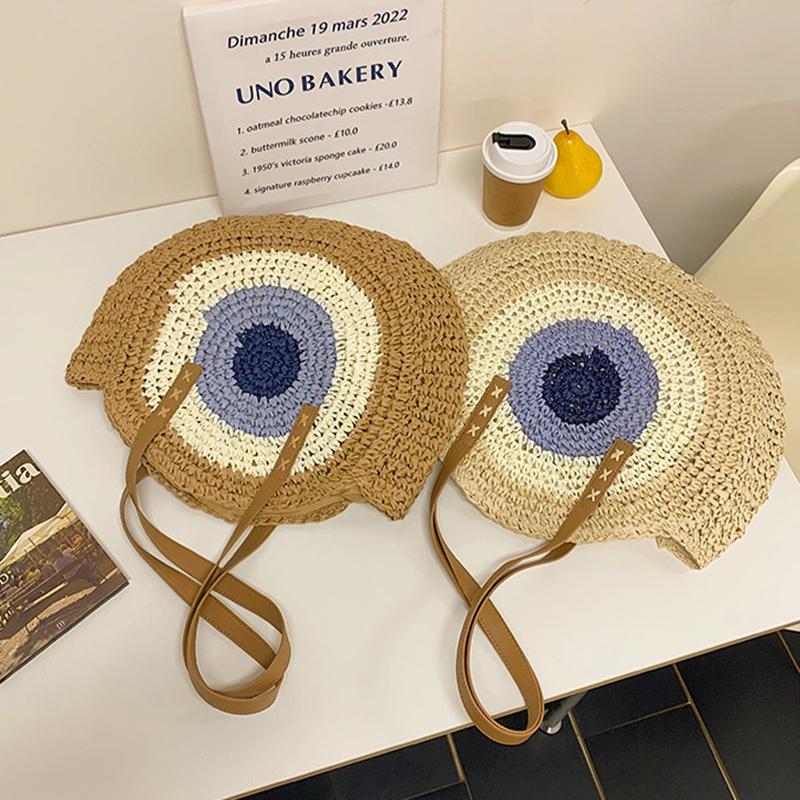 Straw Bag Women Hand-Woven Handbag Round Shape Rattan Bag Big Capacity Casual Beach Shoulder Crossbody Bag