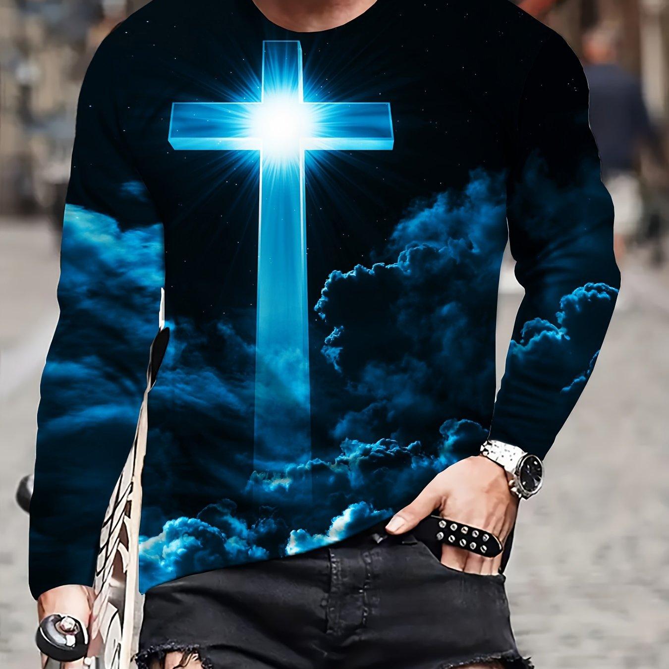 

Мужская классическая модная 3D блестящая футболка с длинным рукавом с принтом креста, повседневная спортивная удобная футболка с круглым вырезом, весенняя мода, футболки S