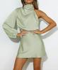 2024 Spring Women's Satin One-Shoulder Mini Dress with Long Sleeves