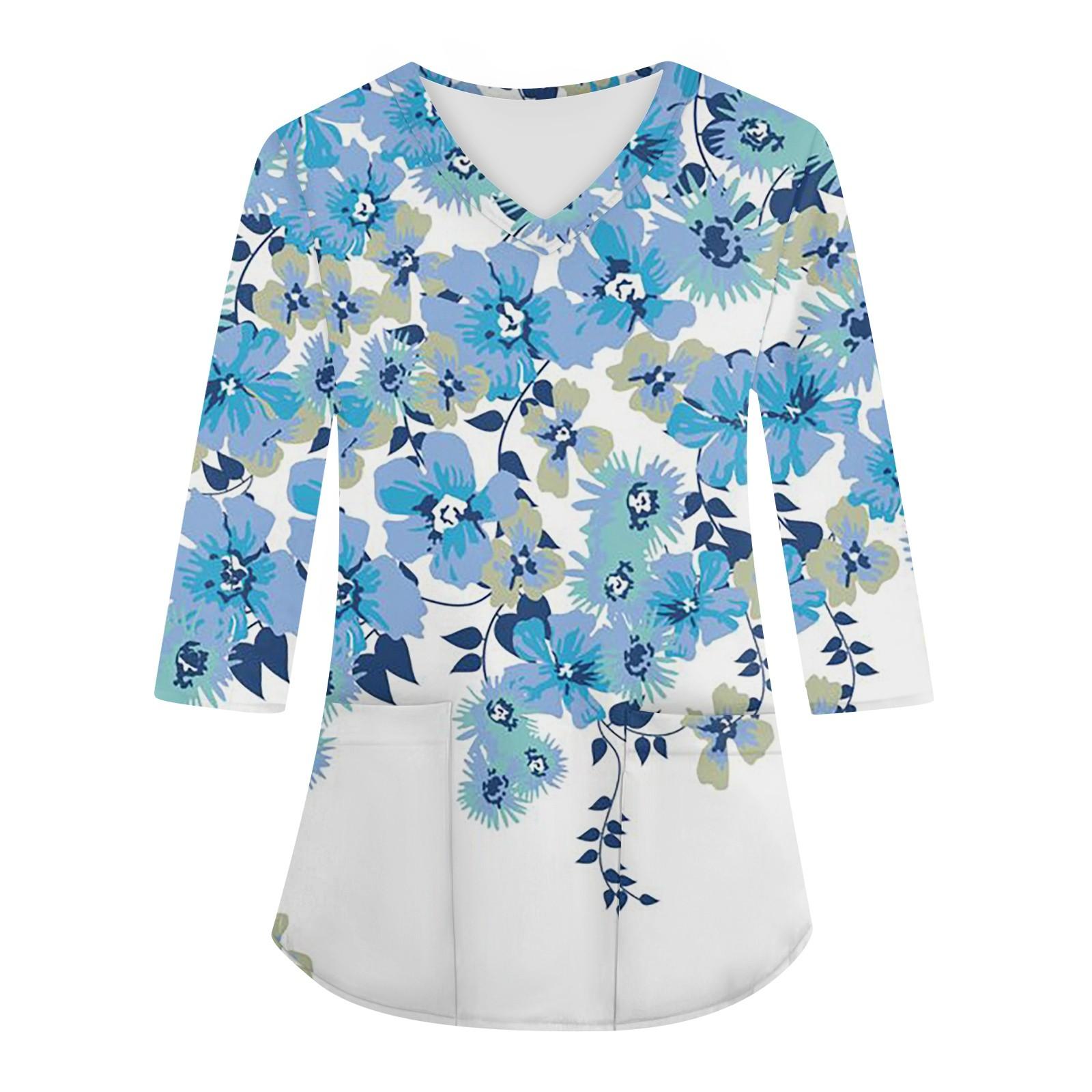 

Модная женская рабочая одежда с v-образным вырезом и рукавами 3/4, свободные топы с карманами и принтом M