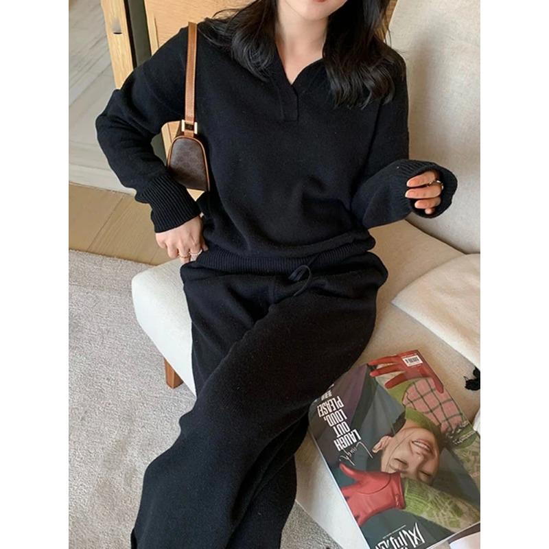 2 Pieces Set Women Knitted Pajamas Set Oversize Tracksuit Sweater Pullover Straight Pants Sweater Set Sleepwear Sweater Suit