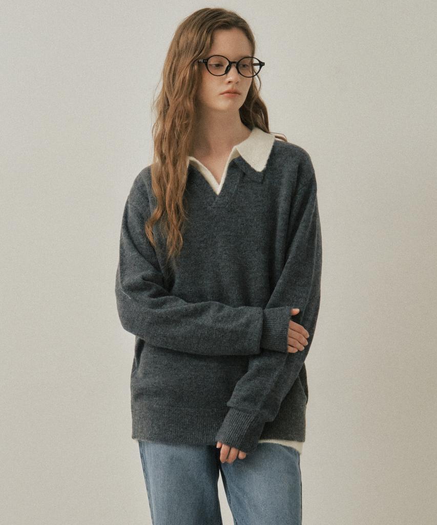 Wednesday Oasis For Woman W/Ash Open Collar Wool Knit_Charcoal(Wc25-Kn82)