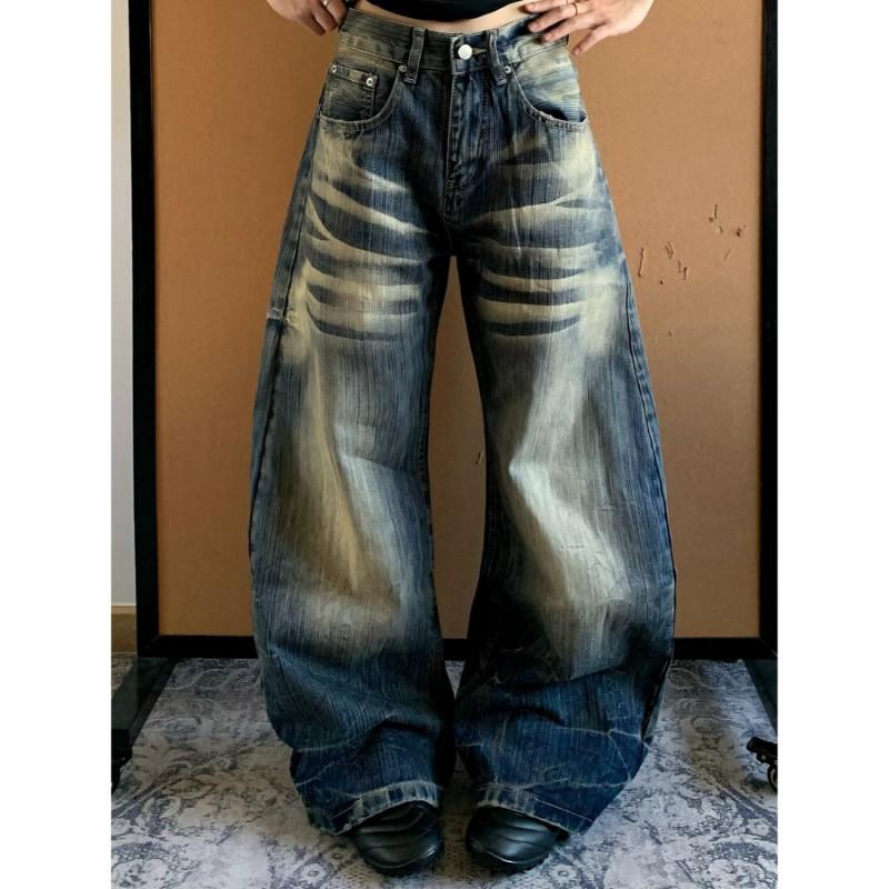 Vintage Washed Distressed Denim Jeans Men Women Loose Straight Leg Wide Fit Casual Trousers Collection