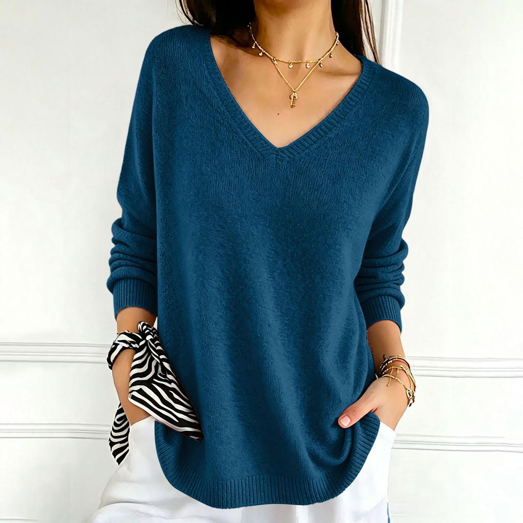 Women's Color V-Neck Long Sleeve Knit Sweater Casual Basic Lightweight Top for Daily Wear