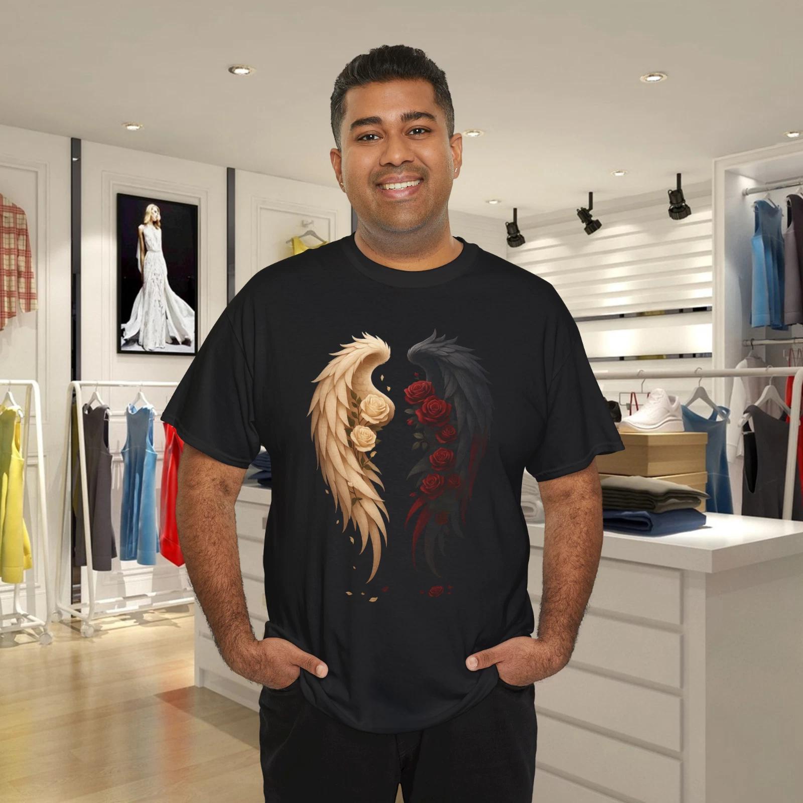 Angel Wings Light and Dark Roses Duality T- Shirt L