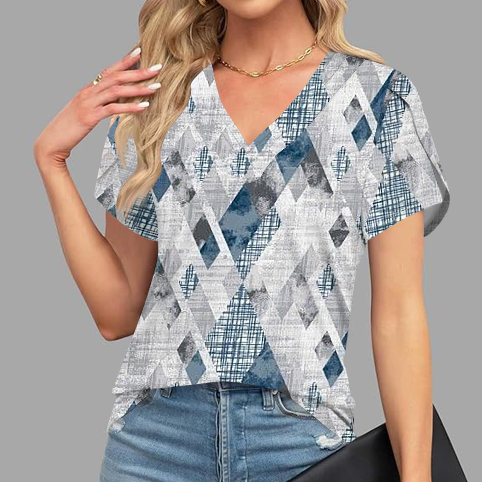 

Блузки для женщин, нарядные повседневные, модные футболки с короткими рукавами и ретро-принтом, уникальный дизайн, большие футболки с v-образным вырезом L синий