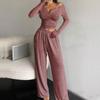 Conjunto de Pijama Homewear Sólido Delgado de Primavera Otoño Tops de Manga Larga y Pantalones Largos Sexy Cuello en V Botones Conjuntos de Pijama de Dos Piezas Ropa de Dormir Y2k