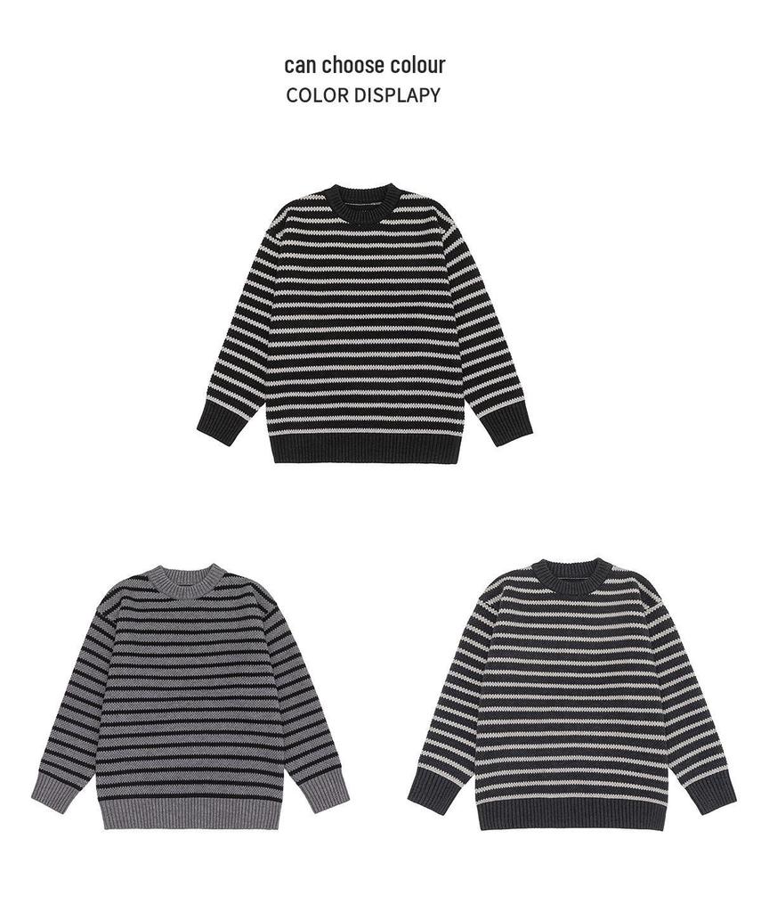 2025 Men's American-Style Striped Knit Sweater: Round Neck, Thick, Plus Size, Warm Autumn/Winter Layer