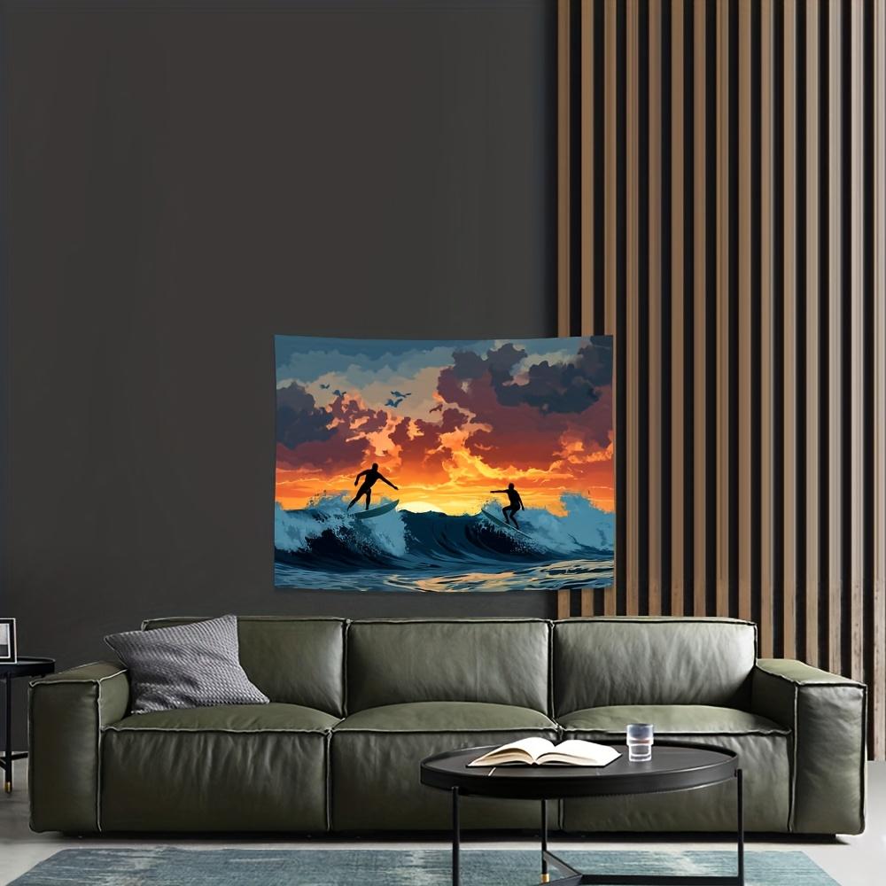 Surfer Silhouette Tapestry Wall Hanging, Sunset Ocean Waves and Flying Birds, Summer Beach Art Decor for Living Room Bedroom