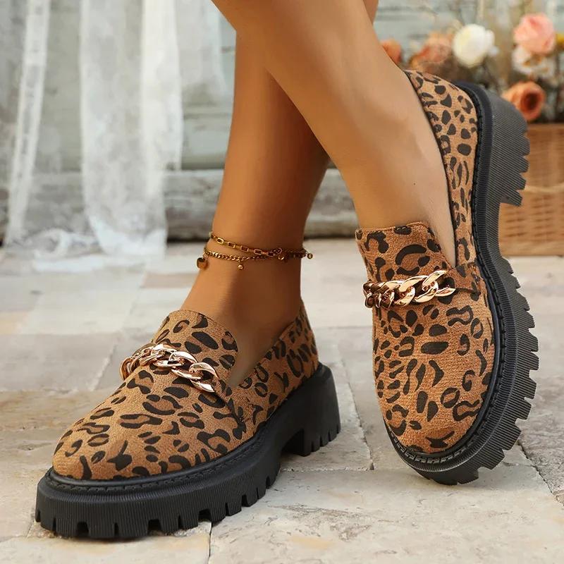 Vintage Leopard Platform Loafers for Women Spring Faux Suede Thick Sole Pumps Woman Metal Chain Casual Slip On Shoes 42