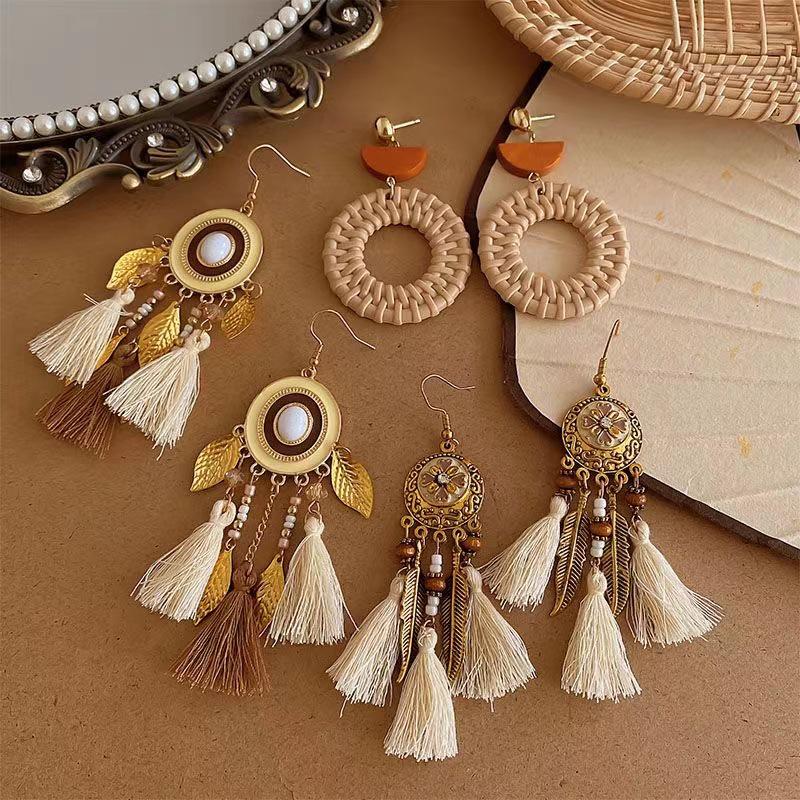 Bohemian Feather Seed Bead Tassel Earrings - Retro Ethnic Dangle Jewelry