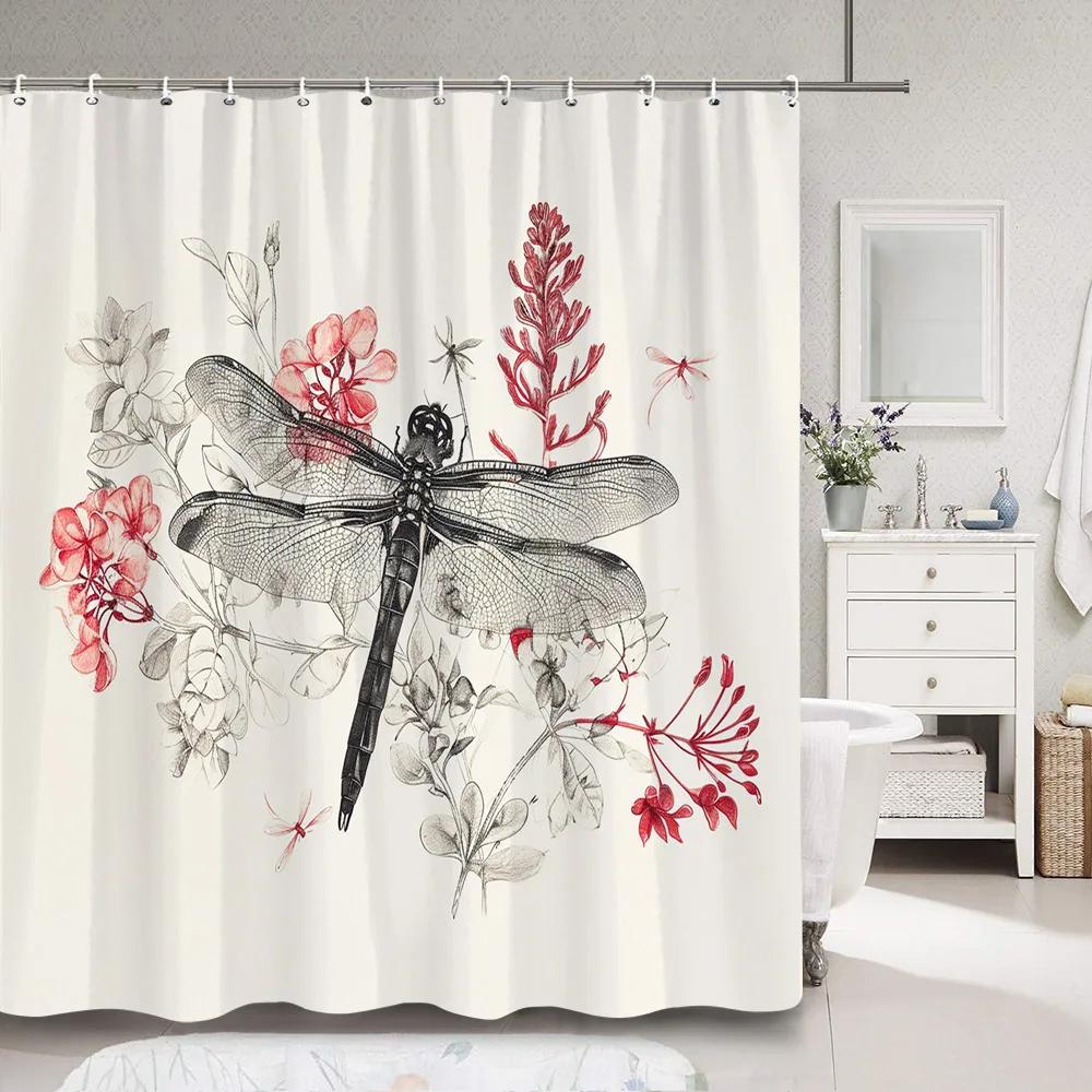 Dragonfly Watercolour Shower Curtain Dandelion Lavender Flower Polyester Fabric Home Art Bath Curtains Bathroom Decor with Hooks