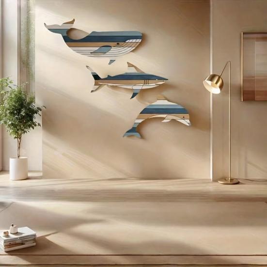 3 Stück Holzfisch Wanddeko Rustikaler Walhai Delfin Strand Küsten Wandkunst Nautische Wandbehang Skulptur für Badezimmer Seehaus Dekor