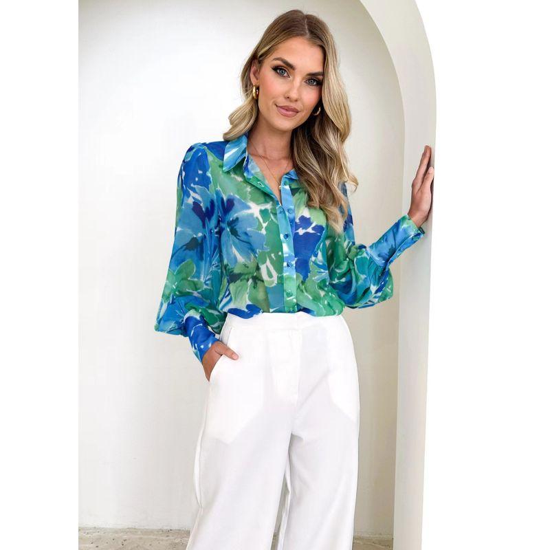 

European and American New Women clothes Cardigan Top Loose Lapel Print Long sleeve Shirts Loose Printed Shirt Green Print L