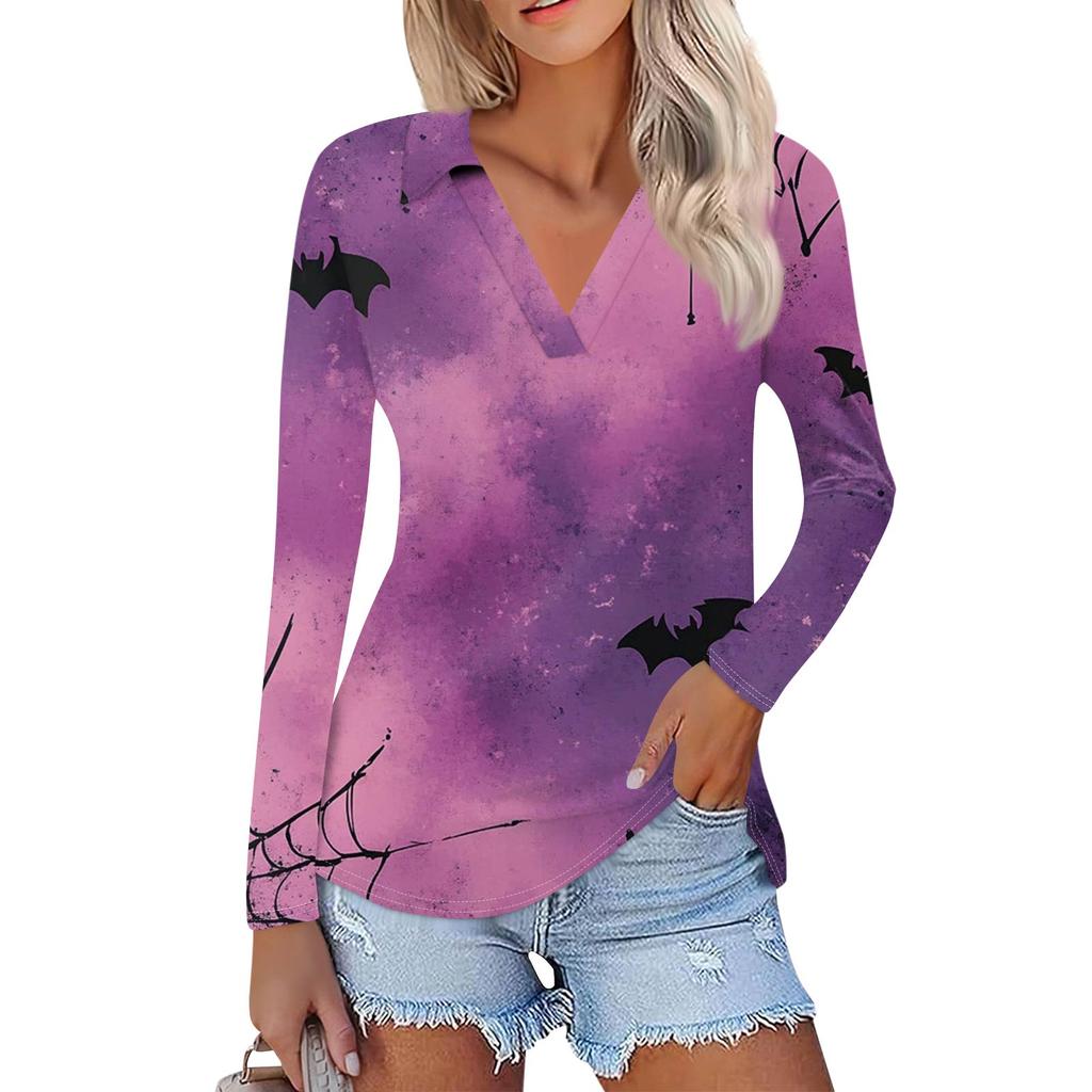 Dámská letní móda ležérní košile s potištěným výstřihem do V s dlouhým rukávem