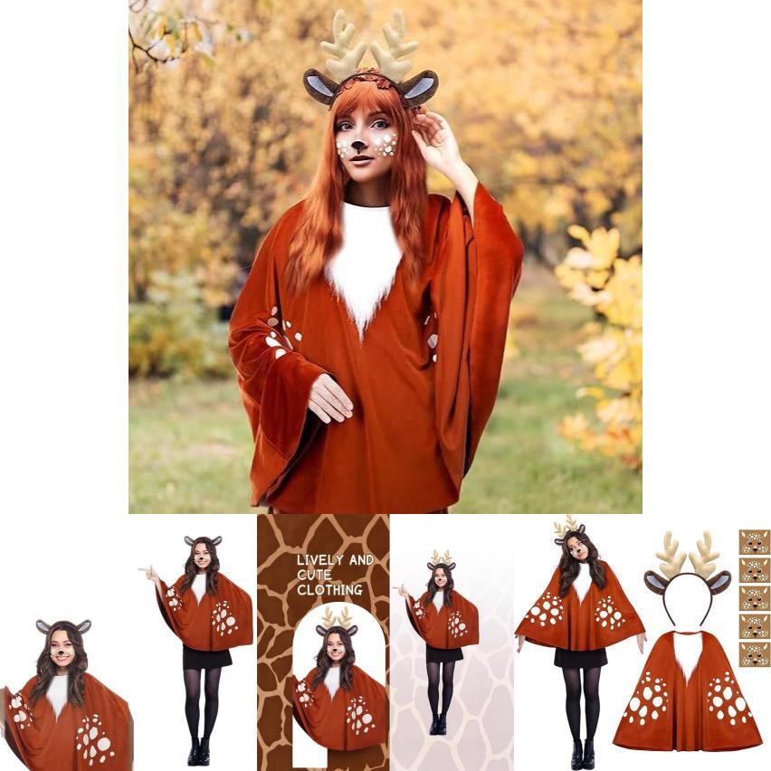 Weihnachts-Cosplay Rentierumhang mit Gesichtssticker und Stirnband für Feiertagspartys
