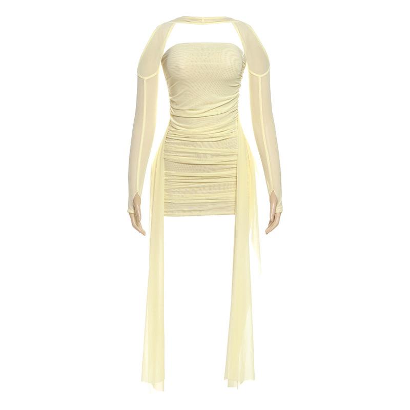 

Летнее облегающее мини-платье с длинным рукавом, плиссированный топ-труба с лентой, модное новое сексуальное платье для вечеринки, комплект с юбкой на бедрах, облегающий крой, женская одежда S жёлтый