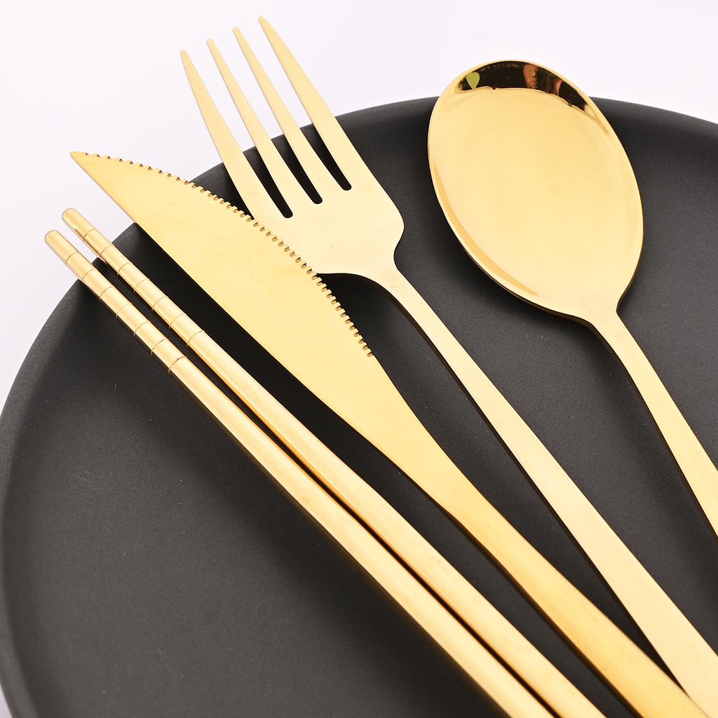 8pcs Gold Travel Dinnerware Knife Fork Spoon Chopsticks Straw Cutlery with Bag Mirror Stainless Steel Flatware Kitchen Tableware