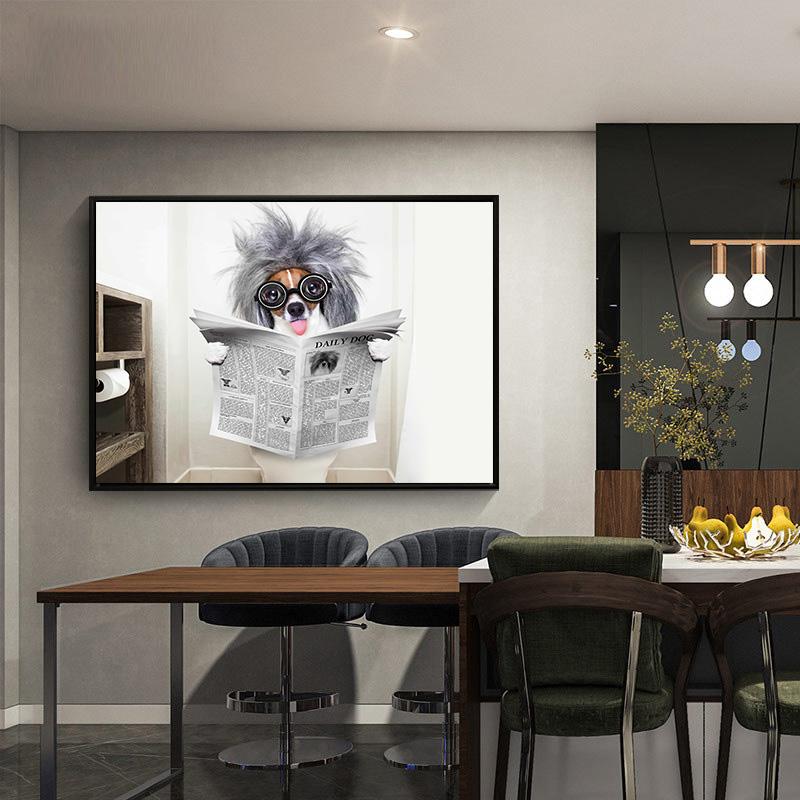 Dog Reading Newspaper Toilet Wall Art Canvas Prints Funny Dog Painting Wall Picture Home Bathroom Decor Dogs Lover Gift