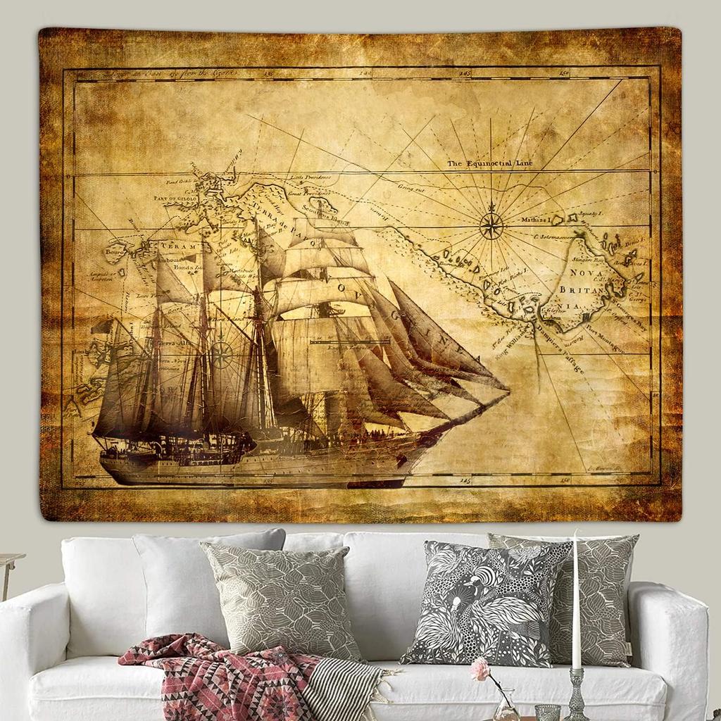 Old World Map Tapestry for Bedroom, Vintage Nautical Maps of the World Art Tapestries Wall , Brown Pirate Treasure Map  Blanket