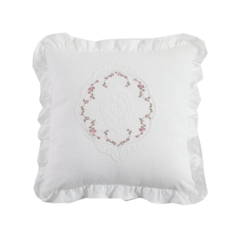 French-style Vintage Lace Embroidered Washed Cotton Lumbar Pillow White Ruffled Decorative Throw Cushion Plants Flowers Pattern