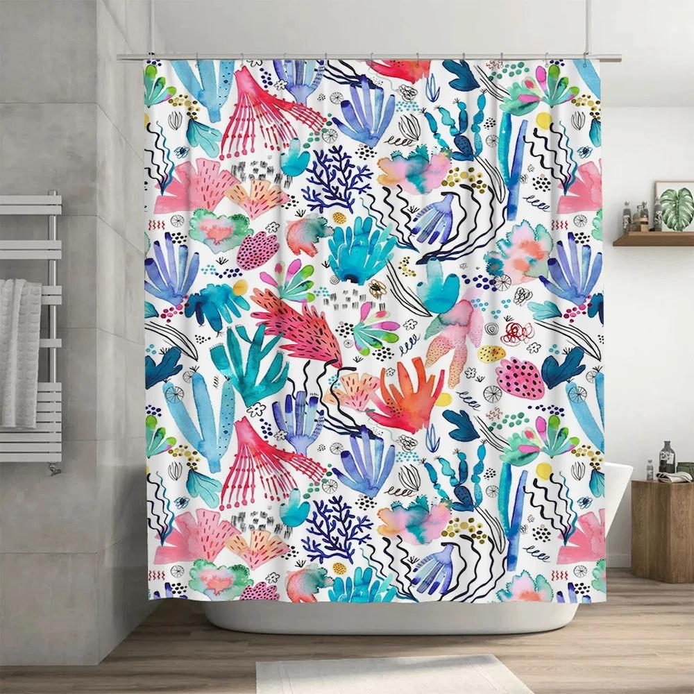 Colorful Coral Shower Curtain Modern Watercolor Bath Decor Printed Fabric Shower Panels For Bathroom Pink Blue Green White Red F