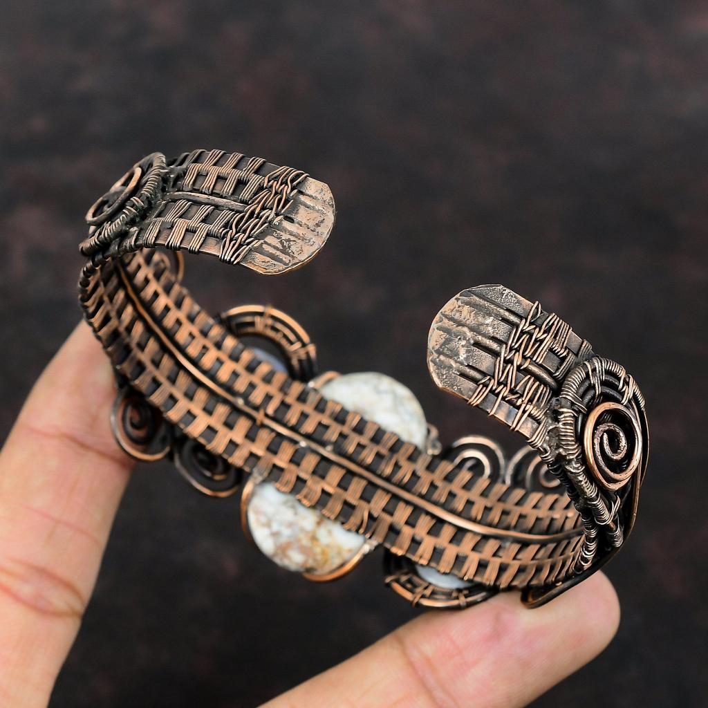 Wild Horse Magnesite Cuff Bracelet Rainbow Moonstone Bangle Copper Wire Wrapped Adjustable Bangle Handmade Gemstone Bracelet Copper Jewelry