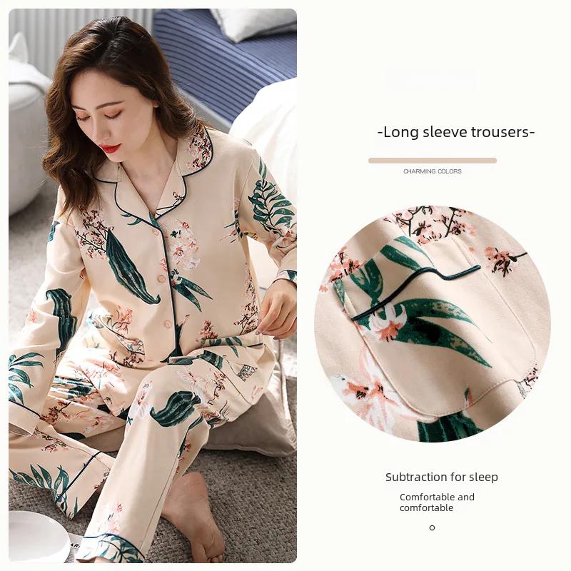 Ladies' 100% Cotton Long Sleeve Pajama Set Spring/autumn Thin Style Winter Warm Homewear Suit