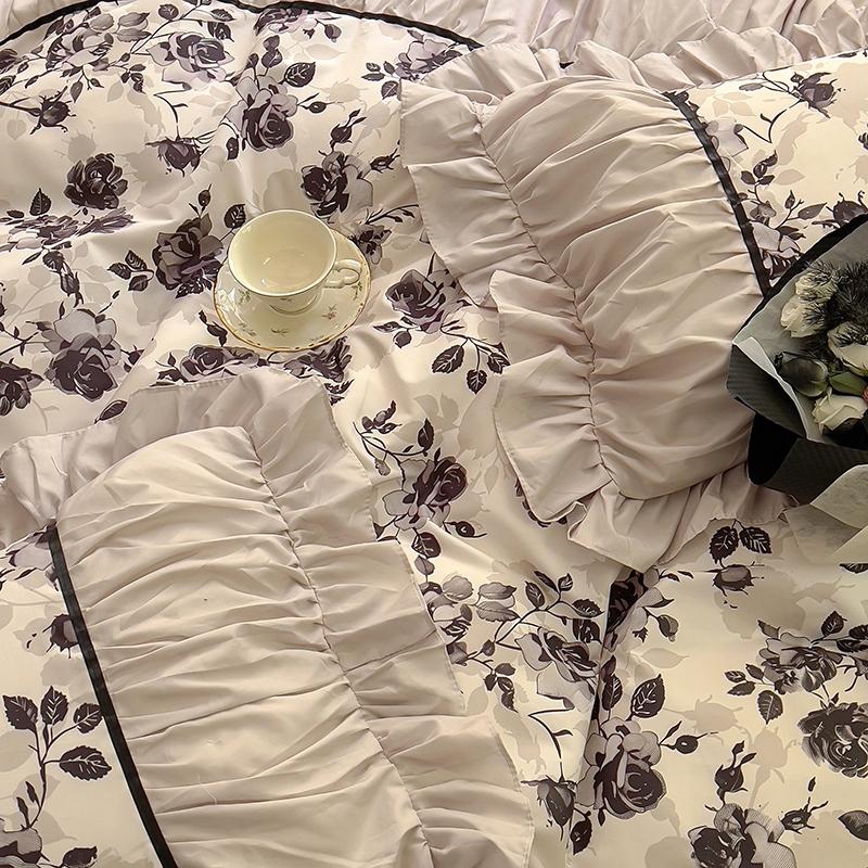 Vintage French Duvet Cover Set, Luxury Black Floral Bedding, Ruffle Design Pillowcases, Girl Woman Bedroom Decor Comforter Cover