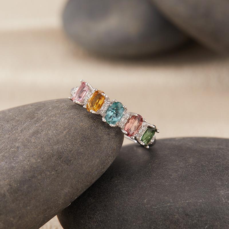 Natural Gemstone Tourmaline Ring Women'S S925 Sterling Silver Colored Treasure High-Sense Index Finger Ring