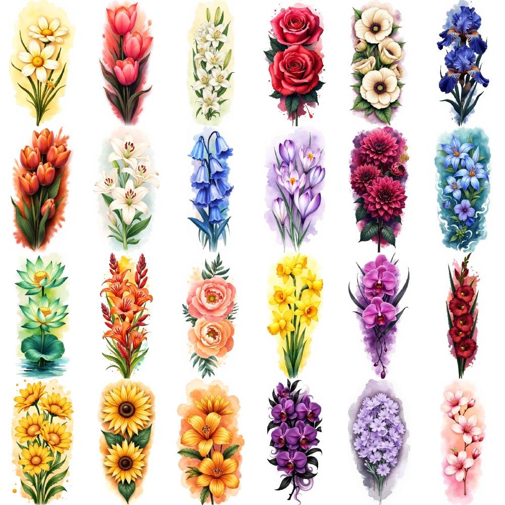 9pcs Temporary Tattoo Waterproof Long-lasting Body Stickers Sunflowers Peonies Orchids For Back Adult Male