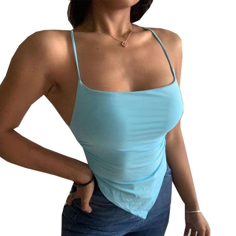 

[with Chest Pad] Sports Vest Female Asymmetrical Quick-Drying High Elastic Fitness Dance Training Yoga Straps Sexy Elastic Lake Blue S