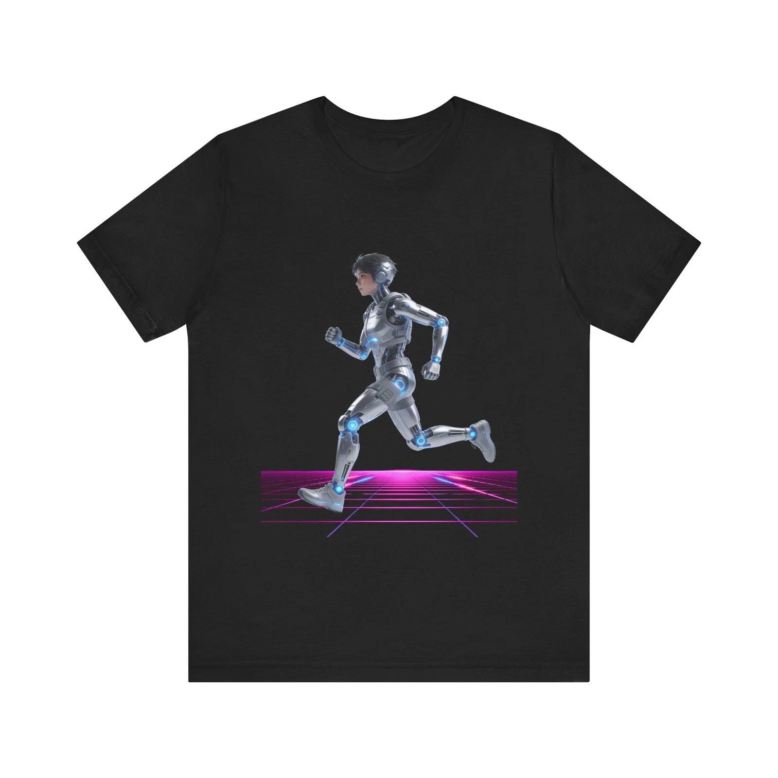 Retro Futuristic Running Robot Tee | Cyber Neon Grid Unisex Shirt S