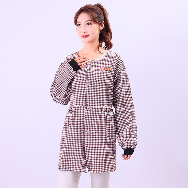Plaid Long-Sleeve Apron Smock for Adults - Korean Style