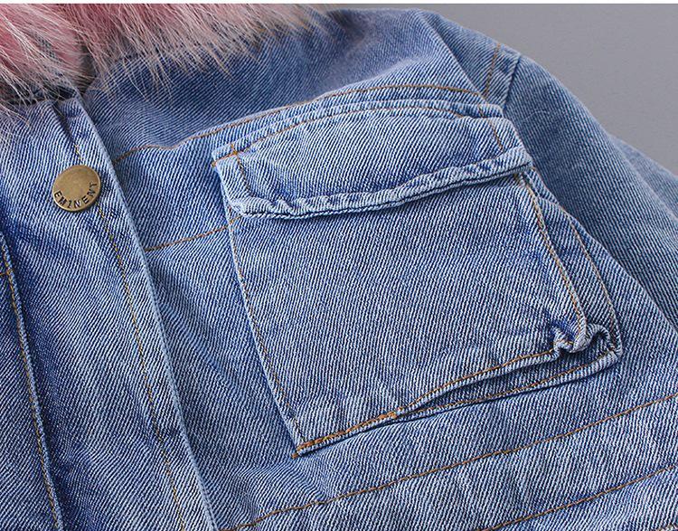 Korean Style Girls' Winter Denim Coat with Big Fur Collar and Velvet Lining