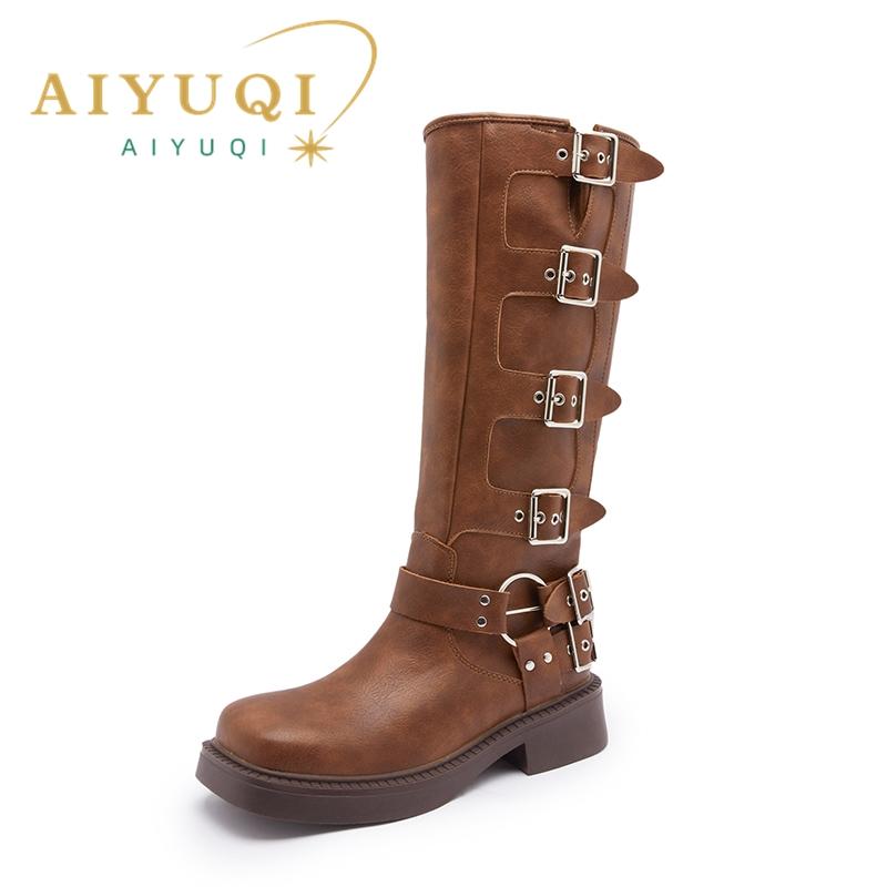 Fashion AIYUQI Western Cowboy Boots Women Vintage New Genuine Leather Knight Boots Women Square Toe High Boots Buckle Boots Women
