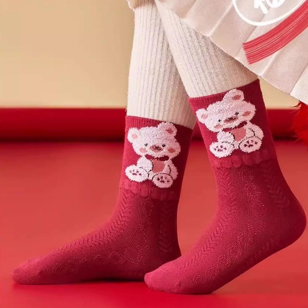Red Color Mid Calf Socks Soft Cotton Cartoon Pattern Socks Cozy Holiday Socks  For Girls