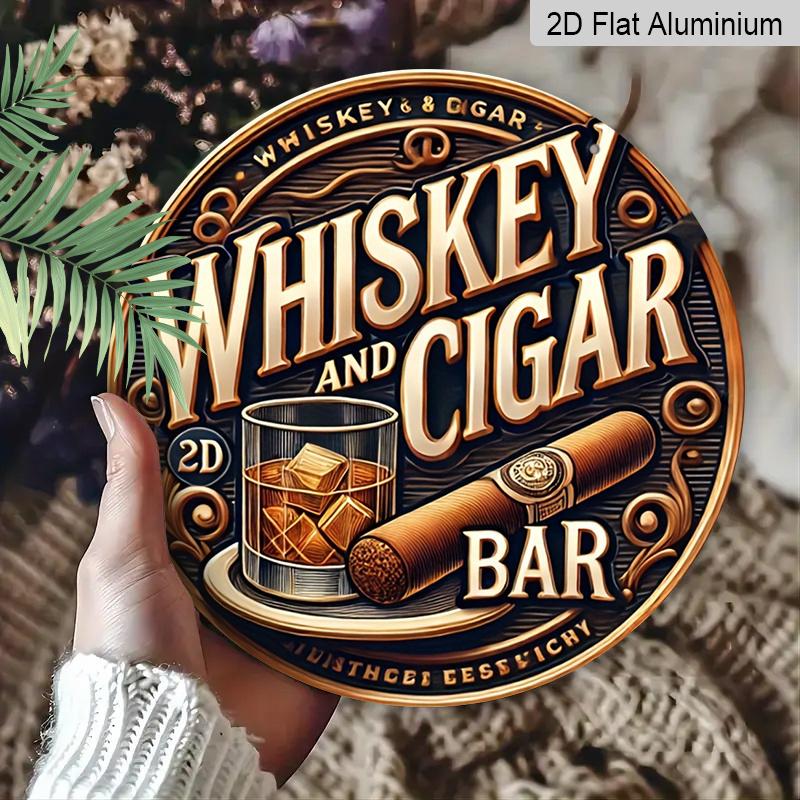 2D Flat, 1pc Round Aluminum Sign, "Whiskey and Cigar Bar" Vintage Design, Whiskey Glass & Cigar Metal Wall Art, Ideal for Man Cave, Bar, Garage, Gift
