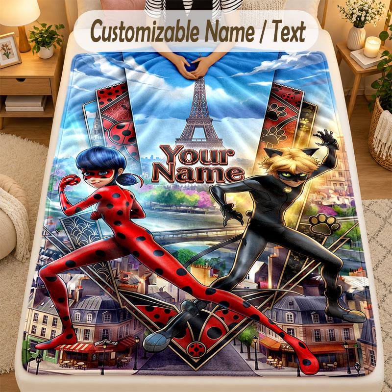 FlaneldeckeMiraculous Ladybug Benutzerdefinierter Name Text Personalisierte Weiche Warme Überwurfdecke Heimdekoration Geschenk
