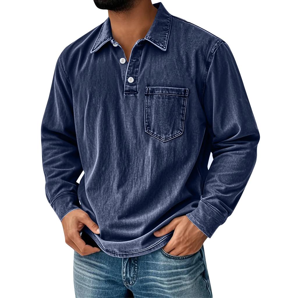 Men's Solid Color T-Shirt Washed Sports Button Pocket Lapel Collar Long Sleeve Tops