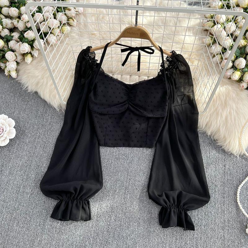 

Рубашка из шифона с квадратным вырезом, открытыми плечами и пышными рукавами Black All yards