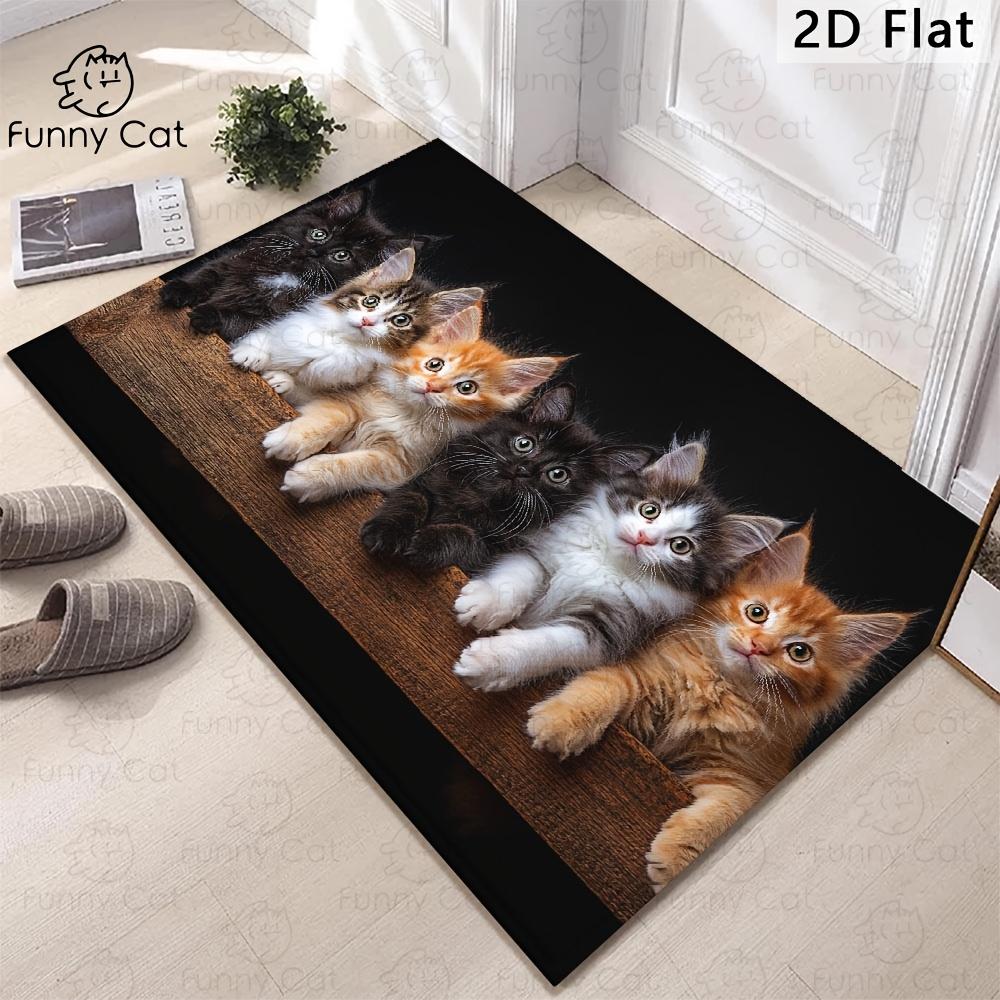 1pc 2D Flat Row Of Cute Kittens Funny Cat Faces Flannel Door Mat Non Slip Animal Lover Rug For Entryway Living Room Floor Decor