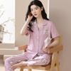 New pajamas women's summer short-sleeved trousers 100% pure cotton thin women's casual lapel mother loungewear set summer