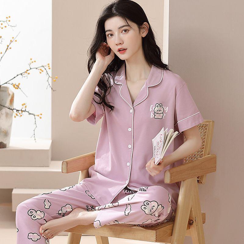 New pajamas women's summer short-sleeved trousers 100% pure cotton thin women's casual lapel mother loungewear set summer
