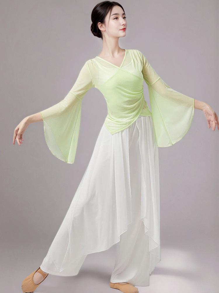 Women's Classical Chinese Dance Bell Sleeve Top - Sheer, Long Sleeve, Body Shaping Dancewear for Adults