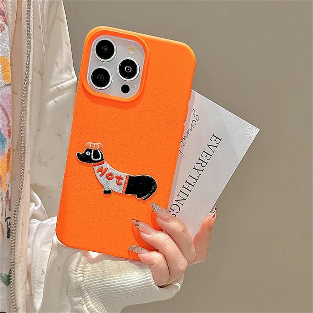 

Милый мультяшный вышитый щенок с узором личи чехол из ПУ кожи для iPhone 16 15 11 Pro Max 14 Plus 13 Mini 12 X XR For iphone XSMax оранжевый