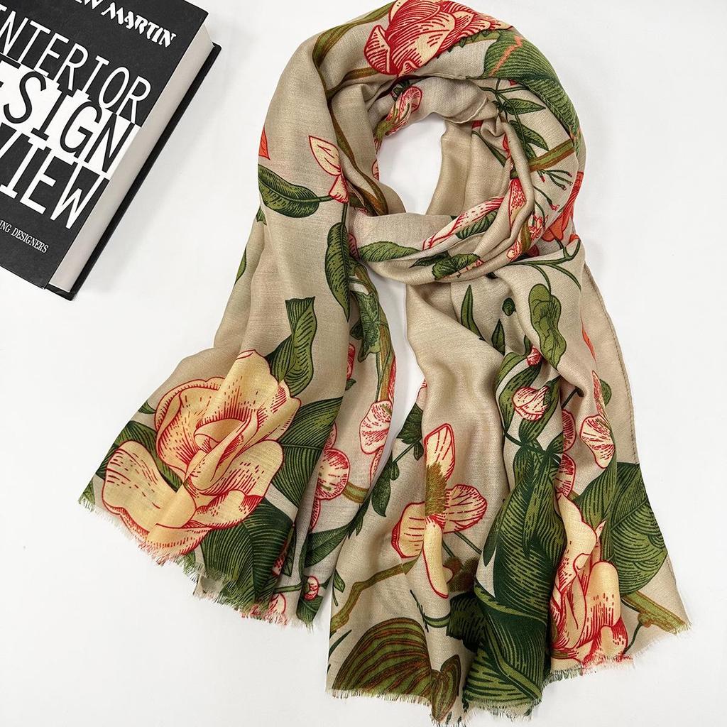 Color Block Retro Floral Cotton Linen Tassel Scarf for Women - Medium Thickness, Autumn/Winter Fashion Shawl