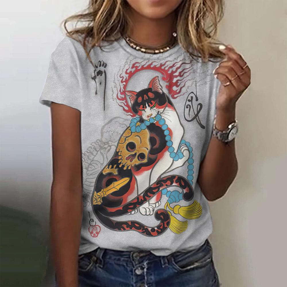 Sommer Rundhals Damen T-Shirt Mode Bedrucktes Cartoon-Muster Top Lässiges Loses Retro Harajuku Kurzarm T-Shirt
