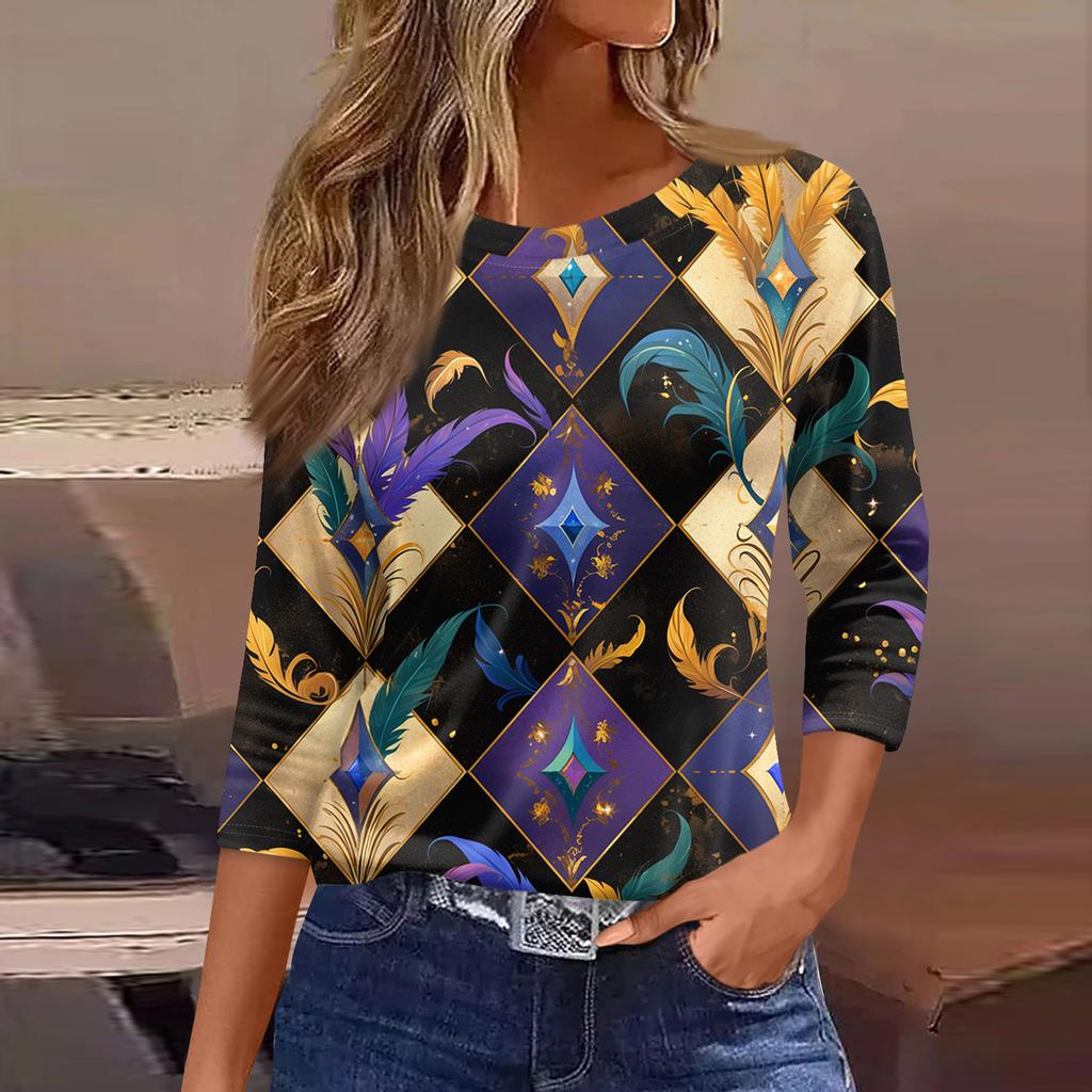 3/4 Length Sleeve Womens Tops Floral Print Vintage Fashion Casual Loose With Round Neck Plus Size Shirts