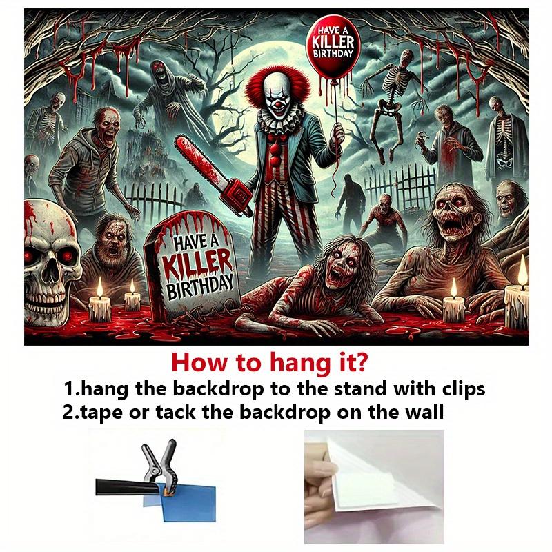 Horror Clown Birthday Background - "Killer Birthday" Theme Featuring Zombies Skulls and Blood Splatter - Polyester Decoration